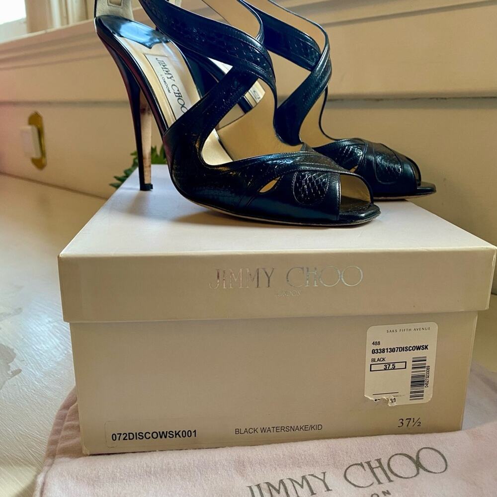 Jimmy Choo Black Watersnake & Kid Leather Disco Sandals Size 37.5 - Picture 2 of 8